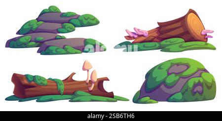 Ambiente paludoso con tronchi muschiati, pietre grigie ricoperte di vegetazione verde, funghi rosa. Elementi naturali della scena per ambientazioni fantasy - Fallen Illustrazione Vettoriale