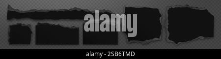 Set di forme nere tagliate in carta con bordi strappati ruvidi, bordi irregolari irregolari, frammenti di diverse dimensioni e strisce strappate su bac trasparente Illustrazione Vettoriale