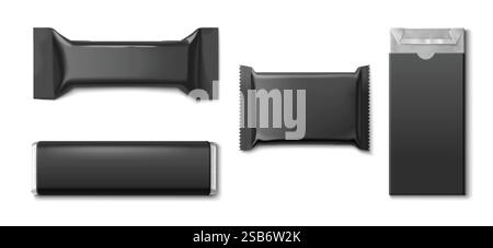 Collezione di mockup con barretta di cioccolato di involucri in bianco nero - confezioni sigillate in foglio, contenitore rettangolare per spuntini e scatola di cartone con alette. Confezione scura Illustrazione Vettoriale