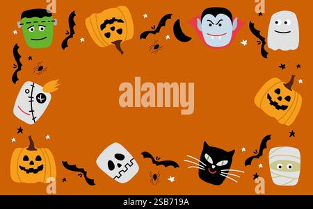 Buon Halloween. Mostri. Dracula e Black Cat. Divertente e spettrale vampiro. Trucco o dolcetto. BAT, ragno, ragnatela, caramelle, ossa. Spazio per il testo arancione. Vettore Illustrazione Vettoriale