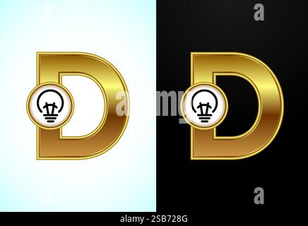 Lettera D inglese con lampadina elettrica color oro, logo Creative idea Illustrazione Vettoriale