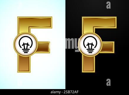 Lettera F inglese con lampadina elettrica color oro, logo Creative idea Illustrazione Vettoriale