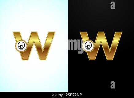 Lettera W inglese con lampadina elettrica color oro, logo Creative idea Illustrazione Vettoriale