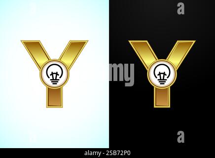 Lettera Y inglese con lampadina elettrica color oro, logo Creative idea Illustrazione Vettoriale