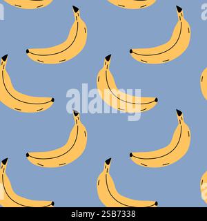 Un motivo vibrante caratterizzato da banane gialle su un morbido sfondo blu, ideale per design creativo e decorazioni. Questo allegro design bri Illustrazione Vettoriale