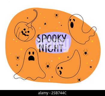 Notte spettrale con fantasma e zucche. Illustrazione vettoriale Illustrazione Vettoriale