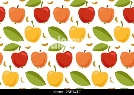 Questa illustrazione presenta un motivo senza cuciture di mele colorate e foglie su sfondo bianco. Le mele sono rosse, arancioni e gialle. Illustrazione Vettoriale