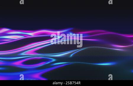 rappresentazione 3d della sostanza metallica liquida lucida nella tavolozza dei colori spettrali dell'ologramma. Onde laviche fluide al neon. Flusso parametrico cyber punk Foto Stock