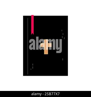 Un libro nero con una croce dorata sulla copertina e un segnalibro rosso su uno sfondo bianco pulito. Illustrazione Vettoriale