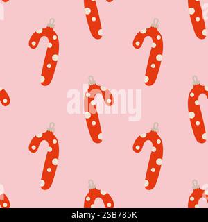 Questa carta da imballaggio per le feste presenta un motivo ricorrente di canne di caramelle rosse adornate da pois bianchi, su un morbido sfondo rosa, perfec Illustrazione Vettoriale