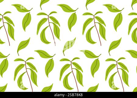 Il design presenta una gamma di foglie verdi, elegantemente posizionate su uno sfondo bianco, creando un'atmosfera fresca e naturale adatta a vari Illustrazione Vettoriale