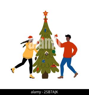 Momenti di festa con gli amici che decorano un albero di Natale a casa durante l'inverno Illustrazione Vettoriale