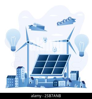 Investimenti nel concetto di energia alternativa contesto. Pannelli solari e mulini a vento, i soldi volano su aerei di carta. Energia urbana pulita e verde. Stile alla moda Illustrazione Vettoriale