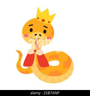 Un serpente cartoni animati che indossa una corona e un mantello, con un sorriso sul viso. Illustrazione Vettoriale
