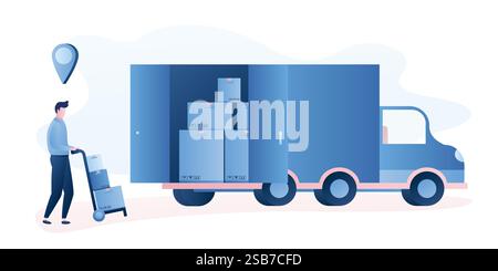 Consegna rapida delle merci all'acquirente. Il lavoratore carica scatole in un camion. Un bell'uomo spinge un carro con i pacchi. Trasporto e persone in stile trendy isol Illustrazione Vettoriale
