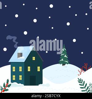 Un'accogliente scena notturna invernale con una casa coperta di neve e un albero di Natale sullo sfondo Illustrazione Vettoriale