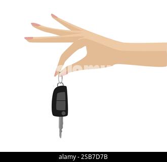 la chiave dell'auto è tenuta per mano di una donna, mentre quella elegante si allunga Illustrazione Vettoriale