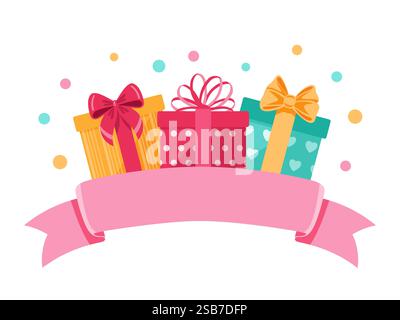 Nastro rosa con regali. Posto per il testo, congratulazioni. Carina illustrazione vettoriale. Illustrazione Vettoriale