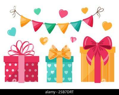 Set di confezioni regalo colorate e allegri banner natalizi. Illustrazione vettoriale. Illustrazione Vettoriale