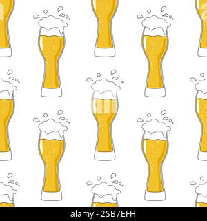 Tazze e bottiglie da birra con motivo vettoriale senza cuciture su sfondo bianco. Illustrazione Vettoriale