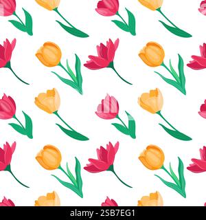 Un vivace e bellissimo motivo floreale senza cuciture con tulipani colorati e foglie verdi. Texture infinita. Illustrazione vettoriale. Illustrazione Vettoriale