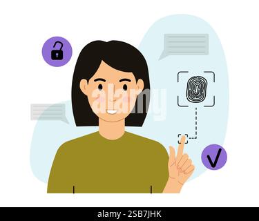 Donna che utilizza lo scanner di impronte digitali per motivi di sicurezza Illustrazione Vettoriale