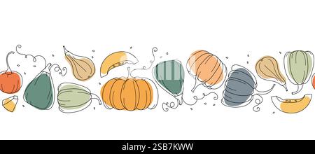 Bordo della zucca senza cuciture. Sfondo vettoriale autunnale disegnato a mano. Schizzo della linea sui punti luminosi. Illustrazione Vettoriale
