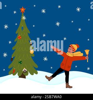 Un bambino allegro che celebra la stagione invernale accanto a un albero di Natale splendidamente decorato Illustrazione Vettoriale