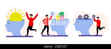 Processo di pensiero creativo e risoluzione dei problemi illustrati in un design colorato Illustrazione Vettoriale