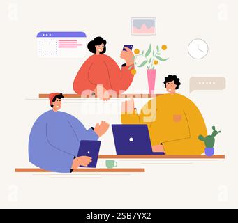 Tecnologia. Illustrazione aziendale. Illustrazioni dei concetti aziendali. Raccolta di illustrazioni di lavoro di squadra. Concetto di lavoro di squadra tecnologico. Illustrazione Vettoriale