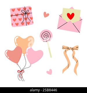 Graziosa collezione di articoli a tema romantico per celebrare l'amore e l'affetto Illustrazione Vettoriale