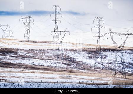 Diverse alte torri di trasmissione che trasportano energia elettrica in piedi su una collina lungo le praterie del Nord America durante l'inverno. Foto Stock