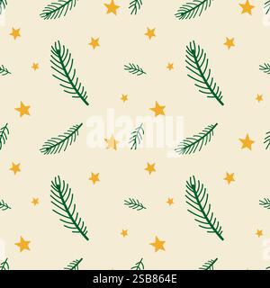 Motivo natalizio con rami di pino verde e stelle dorate su un morbido sfondo beige Illustrazione Vettoriale