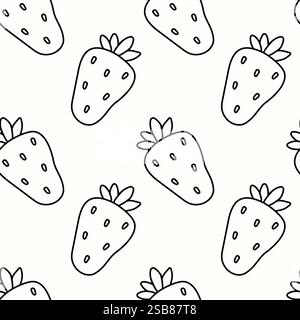 Motivo divertente e divertente con fragole disegnate a mano in stile bianco e nero Illustrazione Vettoriale