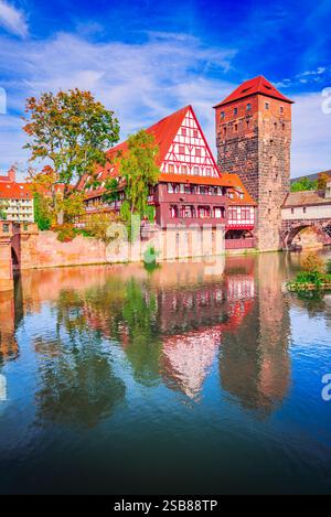 Norimberga, Germania. Vista pittoresca delle vecchie case in legno, la vecchia Norimberga sulle rive del fiume Pegnitz, in Baviera. Foto Stock