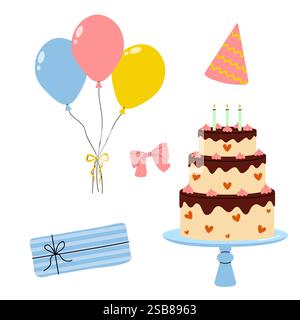 Elementi colorati per festeggiare il compleanno con palloncini, torte e regali Illustrazione Vettoriale