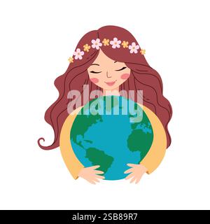 Illustrazione del concetto Earth Day. Ragazza che tiene la terra. Salvare il pianeta, l'ambiente. Illustrazione vettoriale per poster, banner, stampa, Web. Illustrazione Vettoriale