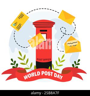 Festeggiamo la giornata mondiale dei Post con una vivace casella di posta rossa e lettere volanti in un contesto globale Illustrazione Vettoriale