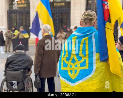 I sostenitori si riuniscono per mostrare unità con l'Ucraina in una vivace manifestazione all'aperto Foto Stock