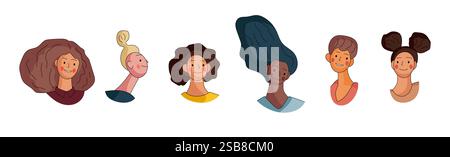 Un gruppo diversificato di donne illustrate che presentano diverse acconciature ed espressioni Illustrazione Vettoriale