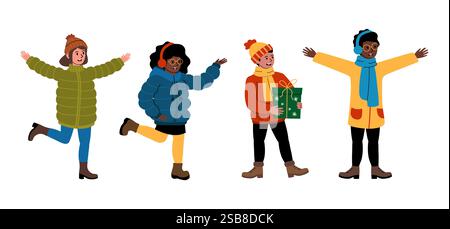 Le persone si sono vestite calorosamente godendosi una giornata invernale con spirito festivo Illustrazione Vettoriale