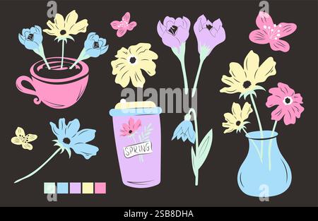Fiori primaverili disegnati a mano, tazza da caffè e vaso in colori pastello. Illustrazione Vettoriale