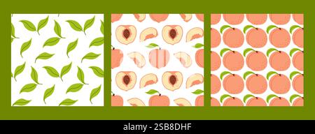 Motivi colorati con frutta di pesca e foglie verdi in un design vivace e fresco Illustrazione Vettoriale