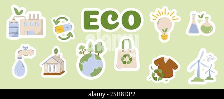 Icone ecocompatibili che rappresentano la sostenibilità e la consapevolezza ambientale nel design ecologico Illustrazione Vettoriale