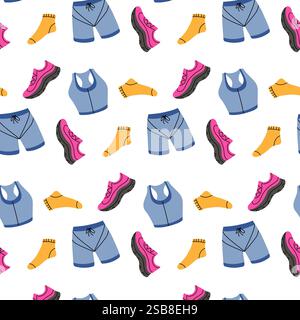 Modello con abbigliamento sportivo e accessori dai colori vivaci su sfondo bianco Illustrazione Vettoriale