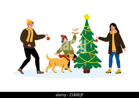 Famiglia che decora un albero di Natale con ornamenti e un cane in ambiente invernale Illustrazione Vettoriale