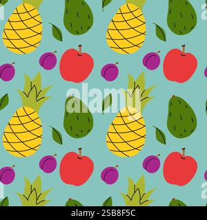 Colorato motivo di frutta con ananas, mele, avocado e prugne su sfondo azzurro Illustrazione Vettoriale