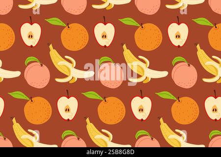 Colorato motivo di frutta con banane, mele, arance e pesche su un ricco sfondo Illustrazione Vettoriale