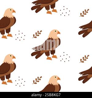 Colorato motivo di uccelli con uccelli e foglie stilizzati in un design divertente Illustrazione Vettoriale