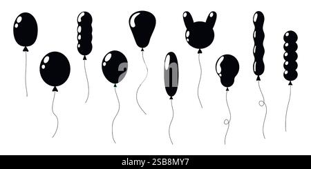Palloncini neri di varie forme e dimensioni fluttuanti su uno sfondo bianco Illustrazione Vettoriale
